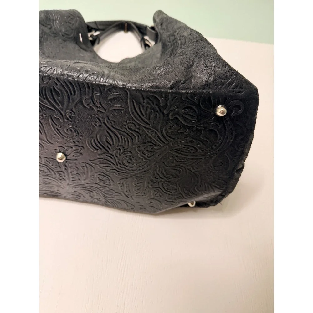 Isadora Italy Black Embossed Floral Leather Hobo Bag Slouchy Shoulder Tote Large